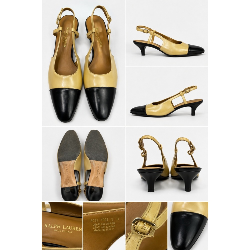 Ralph Lauren Made in Italy Gold Black Patent Leather T-Strap Slingback Pumps 9